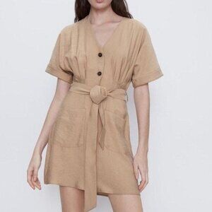 Zara Tan/Khaki Pleated Shirtdress with Belt/Tie  Size Medium
